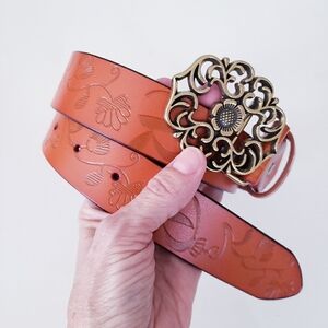 Tan Leather Belt with Brass Buckle